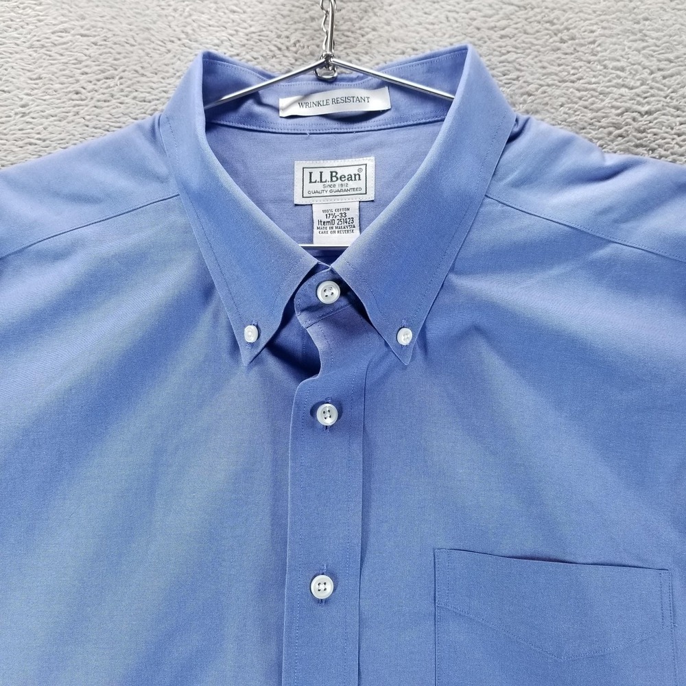 LL Bean Dress Shirt Mens 17.5 33 Blue Classic Wrinkle Resistant Button Down‎